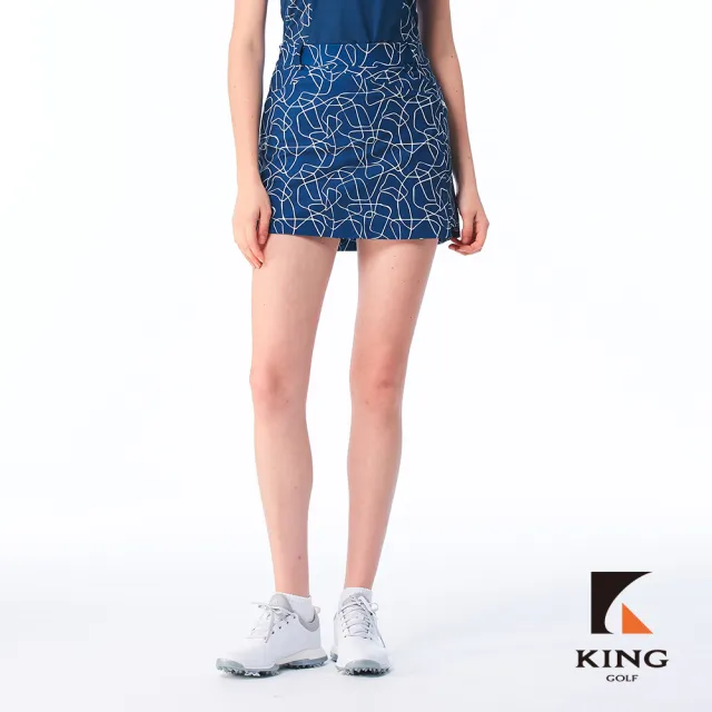 【KING GOLF】實體同步款-女款手繪線條印花特殊剪裁拼接織帶修身A LINE短裙/高爾夫球裙(深藍色)