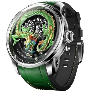 Lucky Harvey 真樂時 龍騰珠現 東方龍鏤空不鏽鋼皮革橡膠機械腕錶-青龍(附贈龍年龍騰魔溫杯)