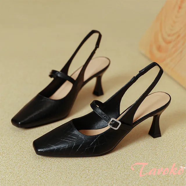 【Taroko】法式石紋方頭皮革後空細跟涼鞋(3色可選)