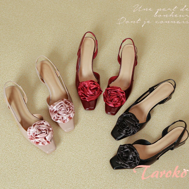 Taroko 玫瑰精靈方頭漆皮粗跟後空涼鞋(3色可選)
