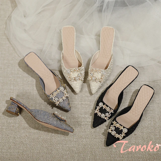 Taroko 皺褶紋綢緞尖頭花漾珍珠包頭拖鞋(3色可選)