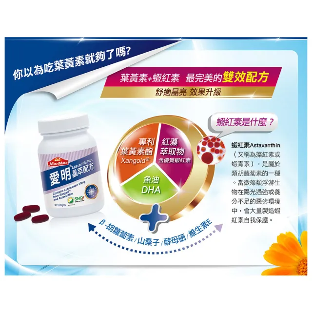 【Nutrimate 你滋美得】愛明晶萃 葉黃素+蝦紅素雙效配方6入組(共180顆、酯化型、金盞花、維生素A)