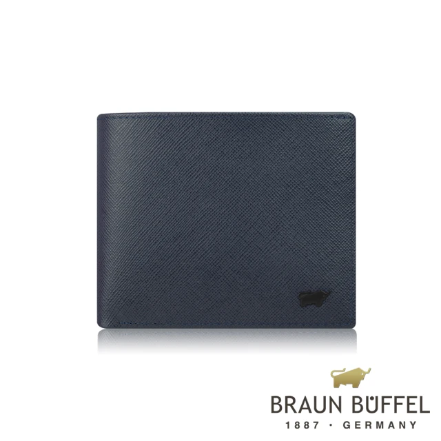 【BRAUN BUFFEL 德國小金牛】台灣總代理 洛菲諾P-II 8卡中間翻零錢袋短夾-藍色(BF347-318-NY)