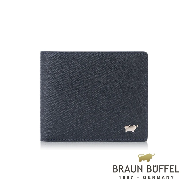 【BRAUN BUFFEL 德國小金牛】台灣總代理 尚恩A 8卡中間翻零錢袋短夾-藍色(BF354-318-NY)