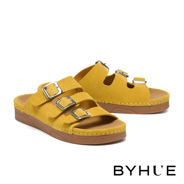 【BYHUE】日常百搭方釦多寬帶牛麂皮軟芯厚底拖鞋(黃)