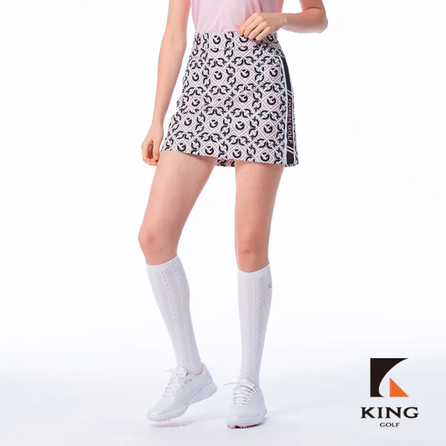 【KING GOLF】實體同步款-女款幾何鎖鏈印圖側腰拼接修身A LINE短裙/高爾夫球裙(粉色)