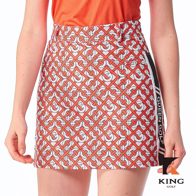 【KING GOLF】實體同步款-女款幾何鎖鏈印圖側腰拼接修身A LINE短裙/高爾夫球裙(紅色)