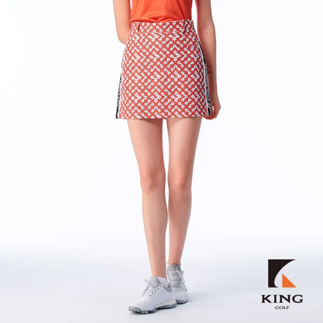 【KING GOLF】實體同步款-女款幾何鎖鏈印圖側腰拼接修身A LINE短裙/高爾夫球裙(紅色)