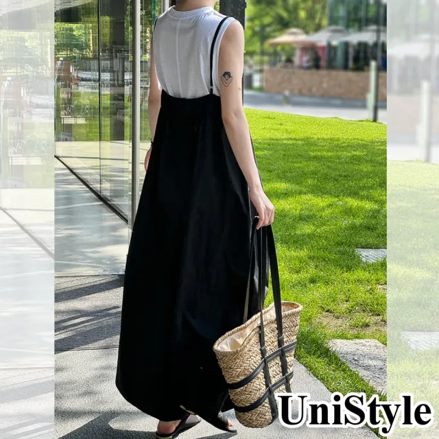 【UniStyle】連身吊帶長褲 韓版輕薄闊腿慵懶風背帶褲 女 UV7083(黑)