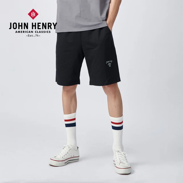 JOHN HENRY 抽繩刺繡棉質短褲-黑色