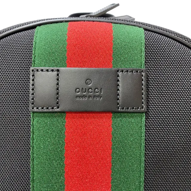 【GUCCI 古馳】630917 經典綠紅綠拚色條紋帆布雙肩後背包(黑色)