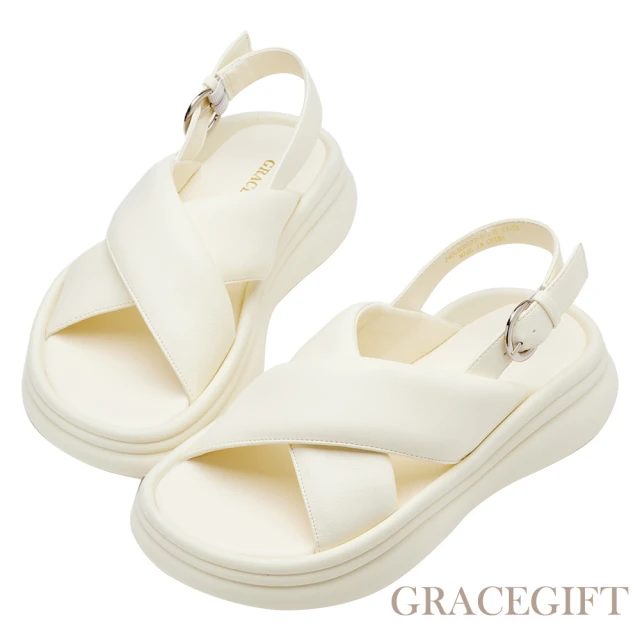 Grace Gift 交叉Q彈寬帶澎澎厚底涼鞋(米白)