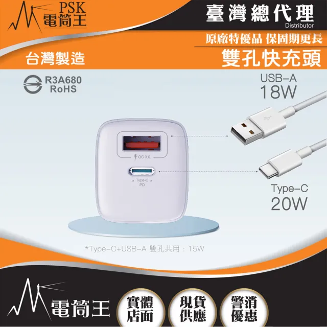 【PSK 電筒王】台灣製造 20W PD+QC(雙孔快充頭 可折疊插腳 全球通用電壓 BSMI檢驗通過 CG20W-AC)