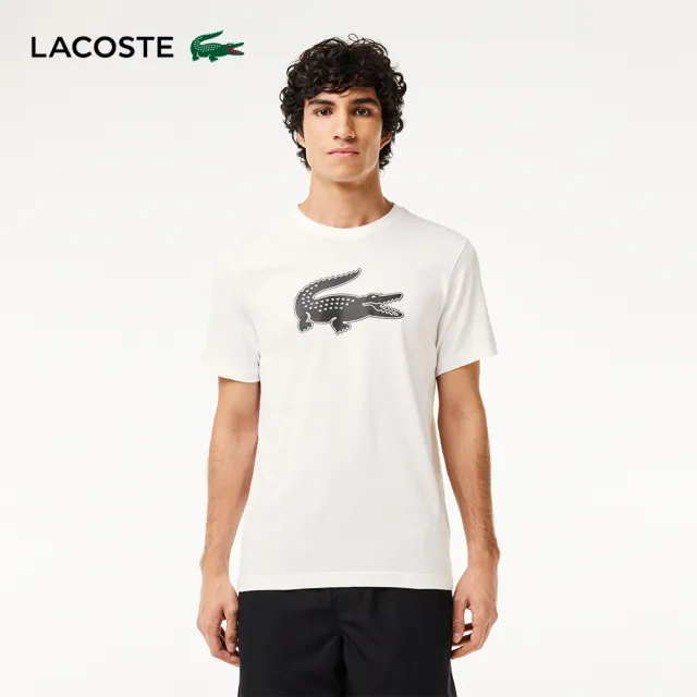 【LACOSTE】男裝-SPORT 3D 印花鱷魚皮透氣短袖T恤(白色)