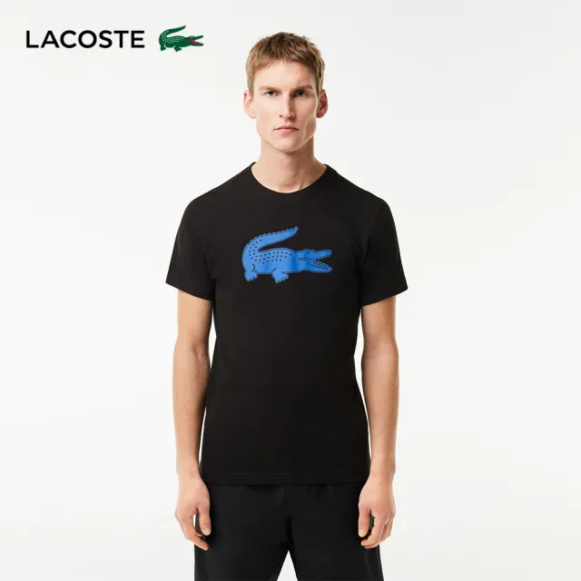 【LACOSTE】男裝-SPORT 3D 印花鱷魚皮透氣短袖T恤(黑色)