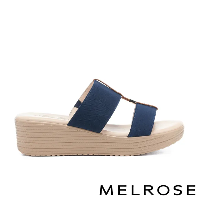 【MELROSE】雙11 美樂斯 夏日輕旅 清新寬版彈力繫帶楔型厚底拖鞋(深藍)