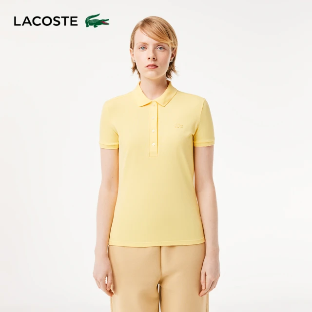 【LACOSTE】女裝-緊身彈性棉短袖Polo衫(黃色)