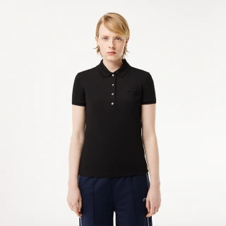 【LACOSTE】女裝-修身彈性棉質網眼短袖Polo衫(黑色)