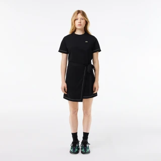 【LACOSTE】女裝-撞色車邊大輪廓平紋針織短袖洋裝(黑色)