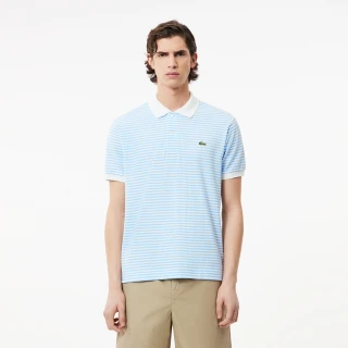 【LACOSTE】男裝-L.12.12 條紋棉質短袖 Polo 衫(淺藍/白色)