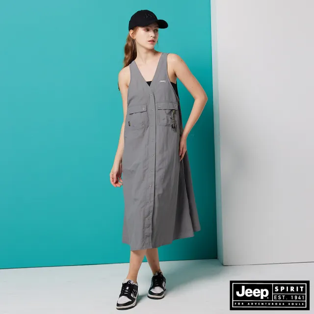【JEEP】女裝 率性雙口袋背心洋裝(灰)