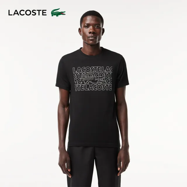 【LACOSTE】男裝-快乾描圖印花運動短袖T恤(黑色)