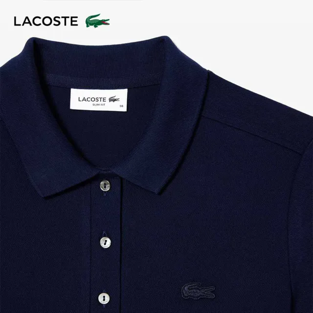 【LACOSTE】女裝-緊身彈性棉短袖Polo衫(海軍藍)