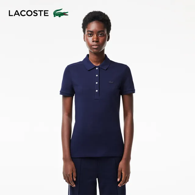 【LACOSTE】女裝-緊身彈性棉短袖Polo衫(海軍藍)