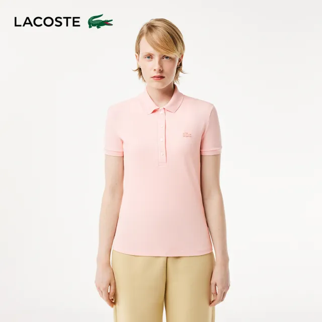 【LACOSTE】女裝-緊身彈性棉短袖Polo衫(粉紅色)