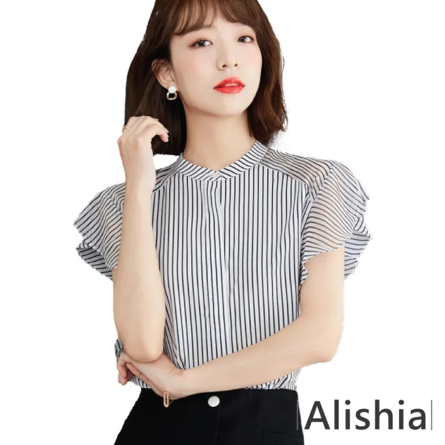 【Alishia】特色飛袖甜美輕薄舒適條紋雪紡衫 S-2XL(現+預  白色)