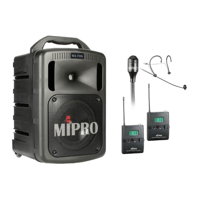 【MIPRO】MA-708 配1領夾式麥克風+1頭戴式麥克風(黑色 豪華型手提式無線擴音機/藍芽最新版/遠距教學)