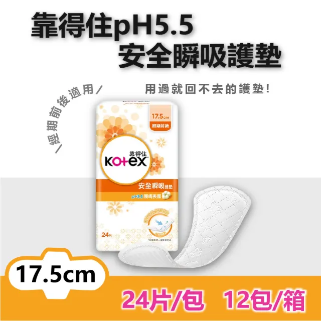 【Kotex 靠得住】2箱組-17.5cm 安全瞬吸護墊(24片x12包x2箱)