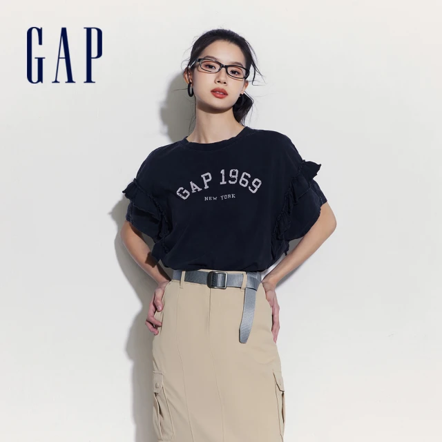 GAP 女裝 Logo純棉印花圓領短袖T恤-炭黑色(541730)