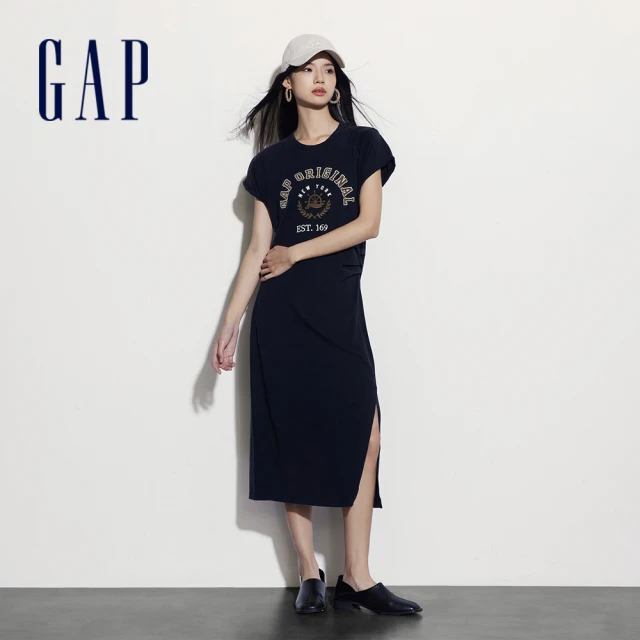 GAP 女裝 Logo純棉印花圓領短袖洋裝-黑色(512543)