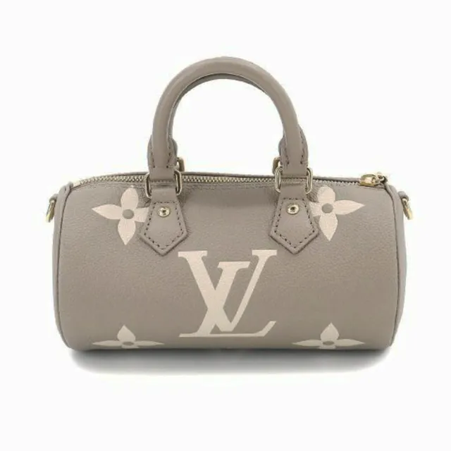 【Louis Vuitton 路易威登】M46031 經典PAPILLON BB 雙色壓花LOGO圓筒形手提斜背包(全新展示品－奶油灰)