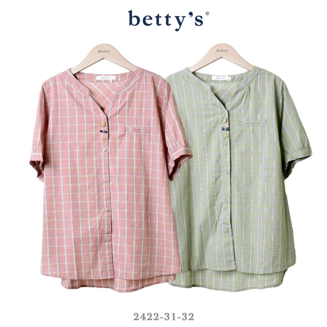 betty’s 貝蒂思betty’s 貝蒂思 貓咪花朵鈕釦格紋小立領襯衫(共二色)