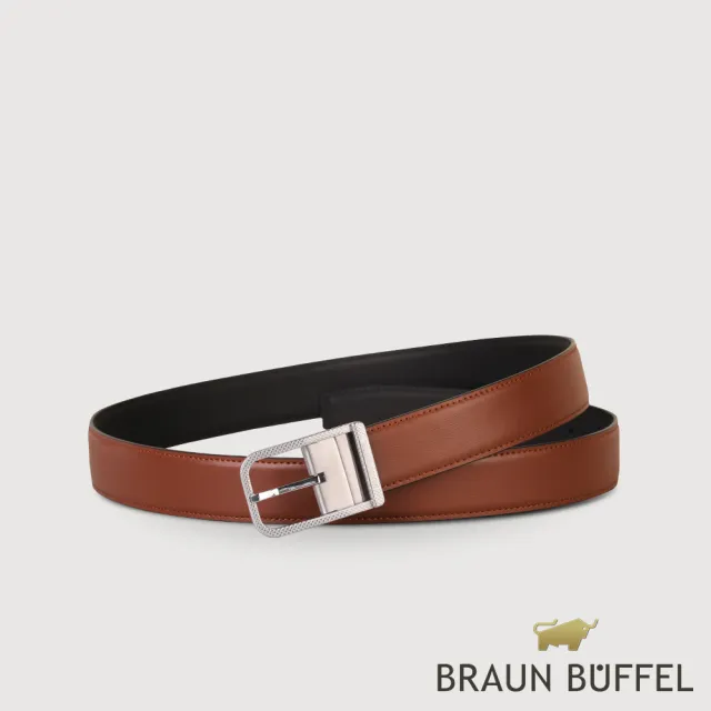 【BRAUN BUFFEL 德國小金牛】台灣總代理 商務型男方格壓紋穿針式皮帶-咖啡色(BF24B-WEG043-BR)