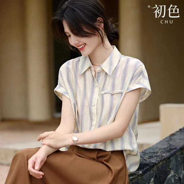 初色 韓系翻領條紋簡約寬鬆短袖襯衫上衣女上衣-米色條紋-35255(M-2XL可選)