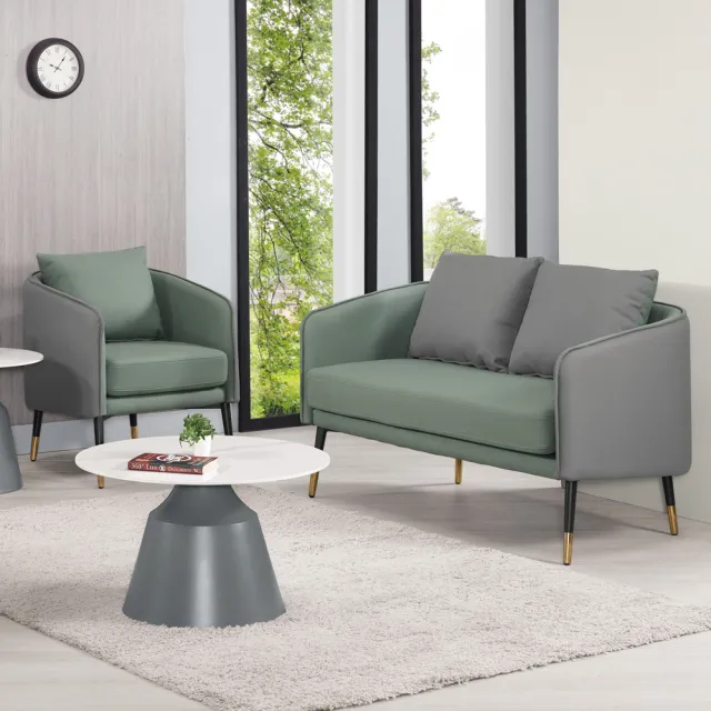 【BODEN】約瑟芬綠灰色科技布面沙發組合-二件組(1人+2人)
