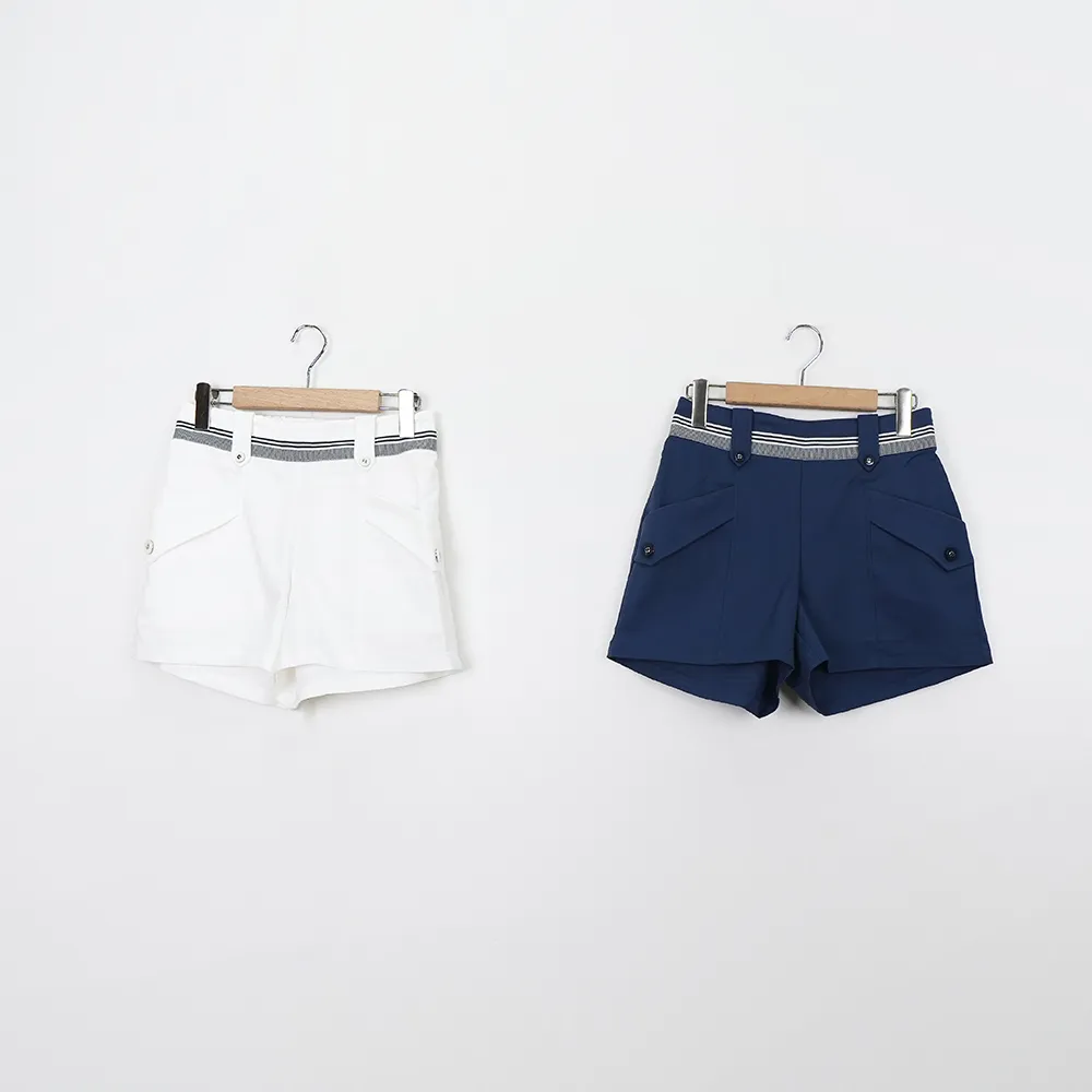 【CUMAR】海軍風休閒條紋大口袋彈力短褲(藍 白)