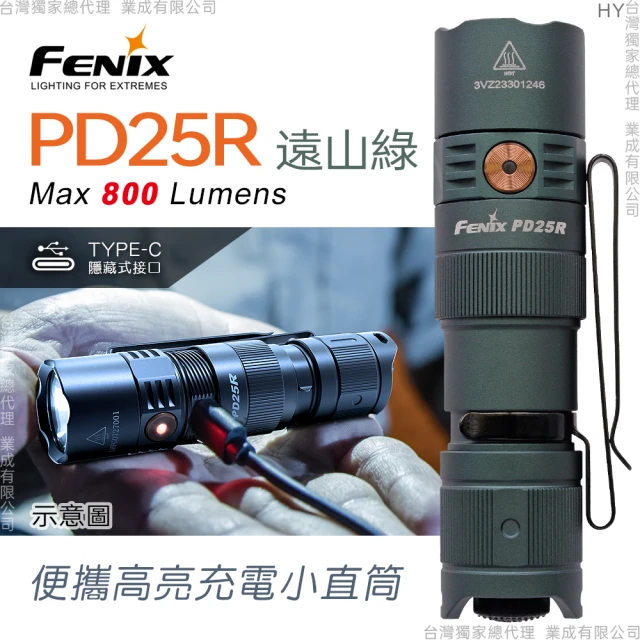 【Fenix】PD25R 便攜高亮充電小直筒/遠山綠(Max 800 Lumens)