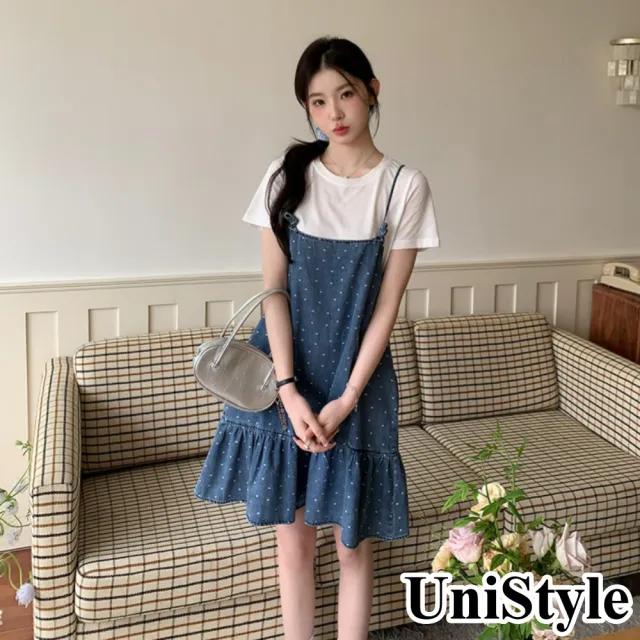 【UniStyle】2件套裝短袖T恤牛仔波點吊帶裙 韓系活力減齡風  女 ZM297-755(套裝)