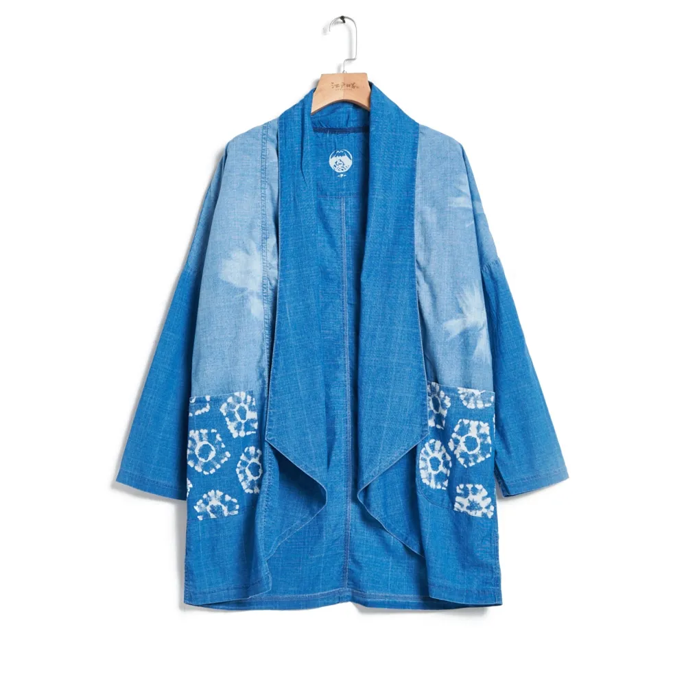 【EDWIN】江戶勝 女裝 靛藍系列 扎染絲瓜領罩衫(拔洗藍)