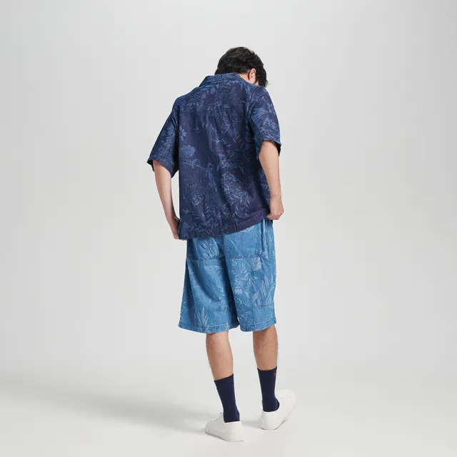 【EDWIN】江戶勝 男裝 靛藍系列 雷射圖騰短袖襯衫(酵洗藍)