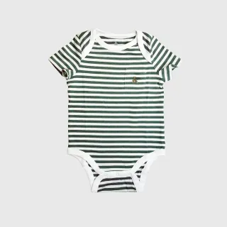 【GAP】嬰兒裝 純棉小熊刺繡圓領短袖包屁衣-綠色條紋(408354)