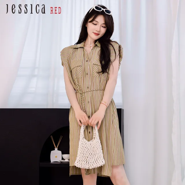 【Jessica Red】寬鬆休閒綁帶條紋短袖洋裝R43711