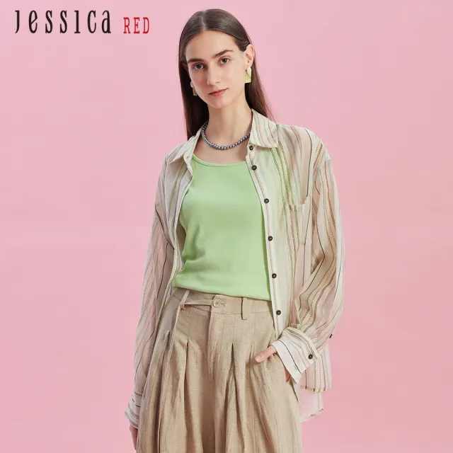 【Jessica Red】清涼透氣天絲條紋長袖襯衫R43309