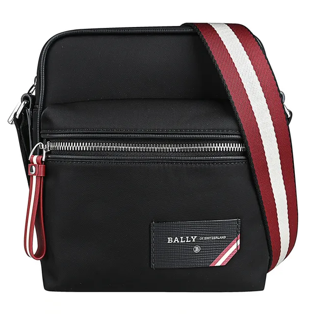 【BALLY】FAARA經典皮標標誌尼龍牛皮滾邊拉鍊斜背方包(黑x紅白)