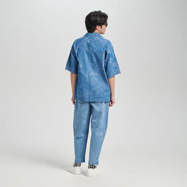 【EDWIN】江戶勝 男裝 靛藍系列 雷射圖騰短袖襯衫(石洗藍)