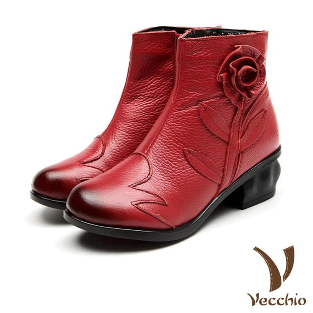 Vecchio 真皮短靴 粗跟短靴/真皮手工立體花朵純色復古粗跟短靴(紅)